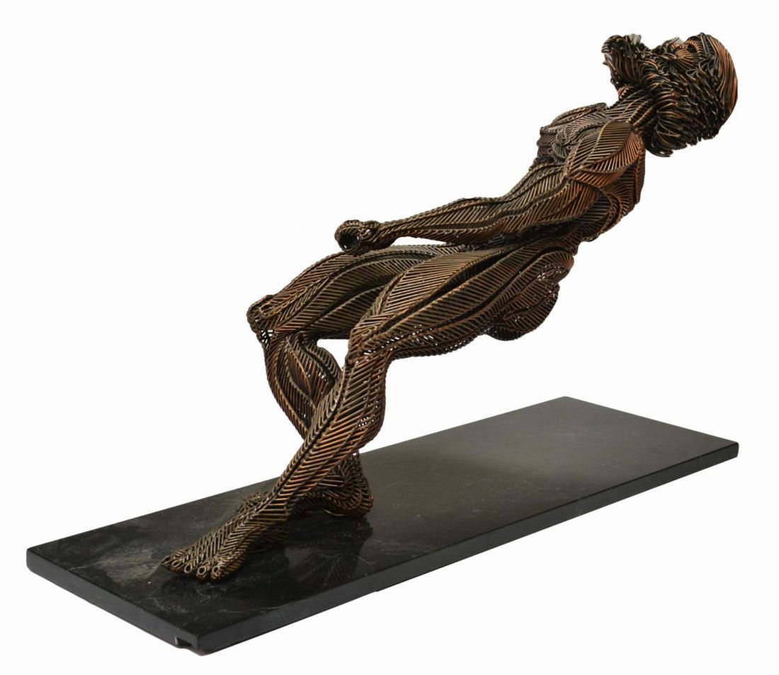 MODERN WIRE SCULPTURE, BENNETT & BENNETT, 37"L: Large modern wire sculpture, "The Struggle", by Tom Bennett (California, b. 1928) and Bob (Robert M.) Bennett (California, 1928-2003), mounted on a rectangular marble base, copy of certificate of auth