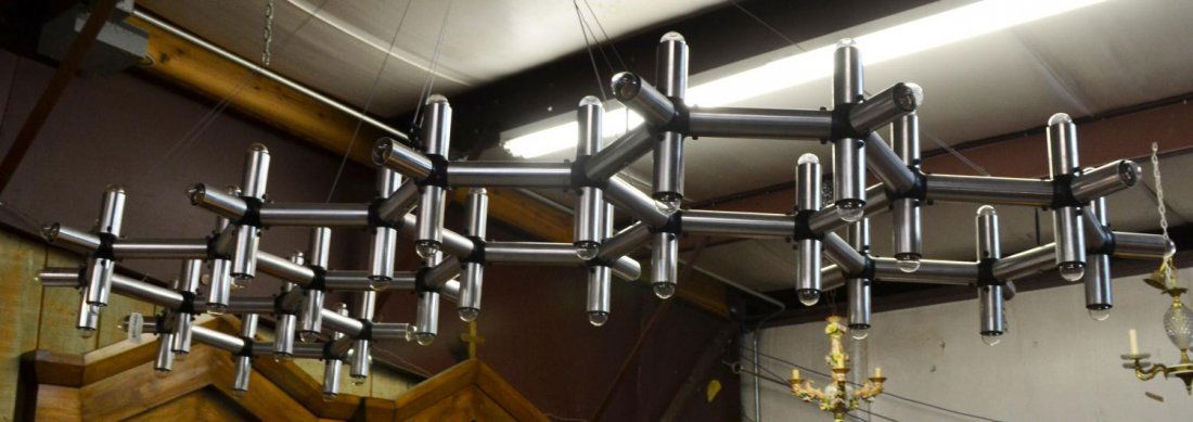 ROBERT HAUSSMAN ATOMIC ATOM CHROME LIGHT STRUCTURE: Modular hanging light structure, Atomic Atom, attributed to Robert Haussmann for Swiss Lamp International , c. 1960's, chromed metal tubes form the modular fixture terminating in numerous lights, appr