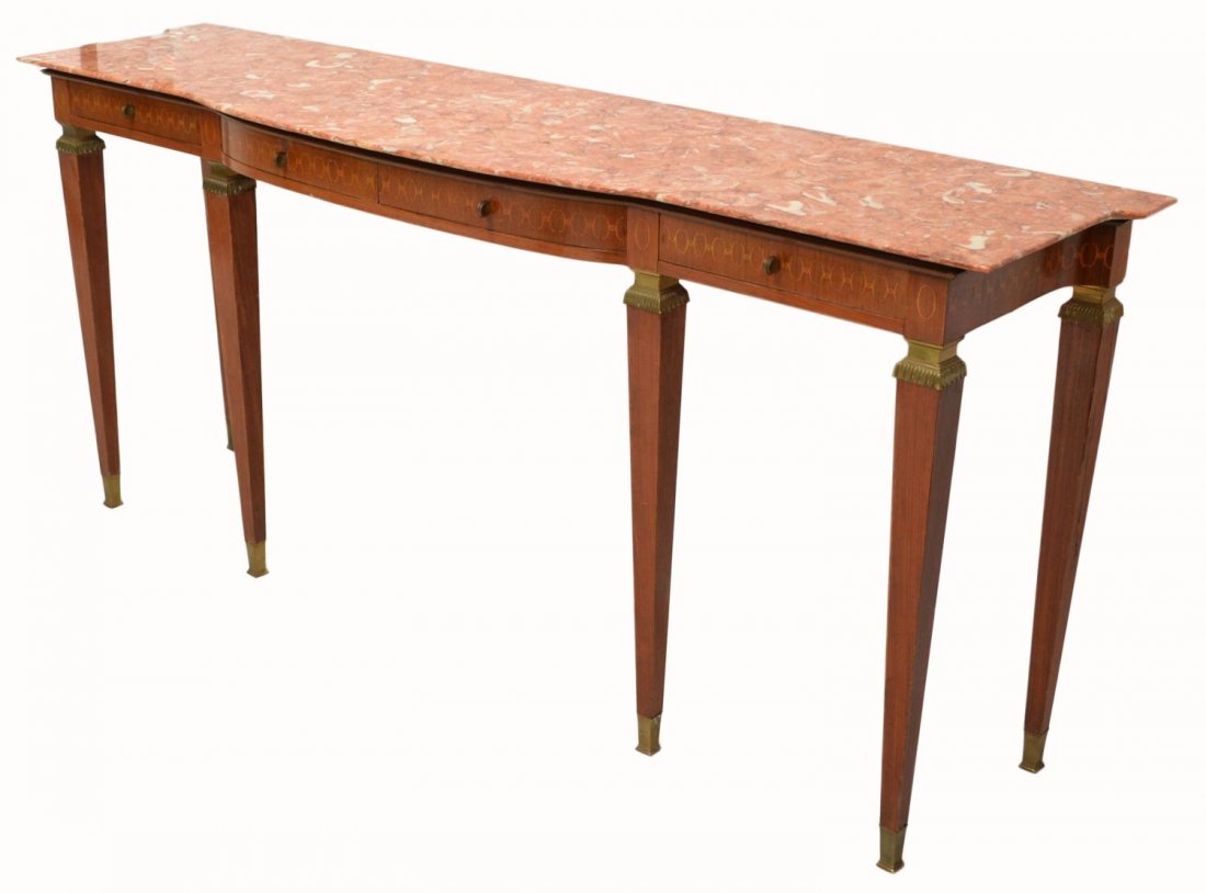 ITALIAN MARBLE TOP CONSOLE TABLE, PAOLO BUFFA: Italian mid-century console table, design attributed to Paolo Buffa (Italian, 1903-1970), bow front marble top over four conforming frieze drawers, all rising on six square tapered supports, 33.25"h,