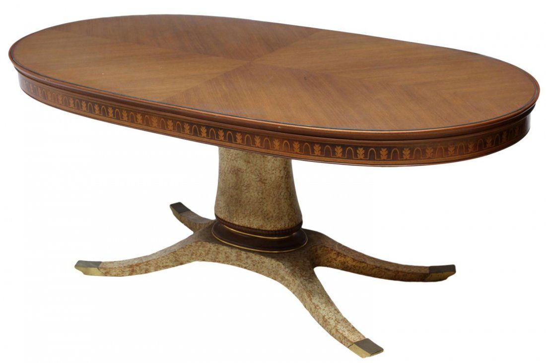 ITALIAN MARQUETRY OVAL DINING TABLE, PAOLO BUFFA: Italian dining table, late 1940's, design attributed to Paolo Buffa (Italian, 1903-1970), oval top with added glass over the marquetry inlaid frieze, rising on speckled finish pedestal base with four