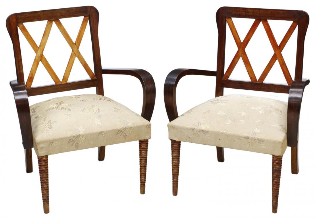 (PAIR) ITALIAN MID-CENTURY MODERN CHAIRS, BUFFA: (pair) Italian mid-century arm chairs, design attributed to Paolo Buffa (Italian, 1903-1970), the back framing with two X form splats, bentwood arm, tapered turned legs, 32.5"h, 26"w, 21"d Start Price