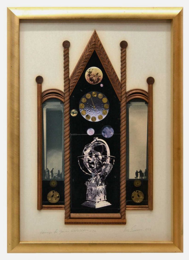 MODERN MIXED MEDIA COLLAGE, HOMAGE, VERA SIMONS: Framed mixed media collage, "Homage to Josias Habrecht 1572", pencil signed and dated lower right Vera Simons 1983, (Vera Habrecht Simons, German/ American, 1920-2012), title lower left, approx. sight