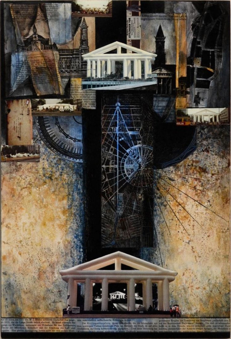 MIXED MEDIA COLLAGE, PANTHEON SERIES, VERA SIMONS: Framed mixed media collage on artist board, from the Pantheon Series, by Vera Simons (Vera Habrecht Simons, German/ American, 1920-2012), sight: 29.5"h, 19.75"w, overall: 38"h, 27.5"w, 17.25lbs **Prov