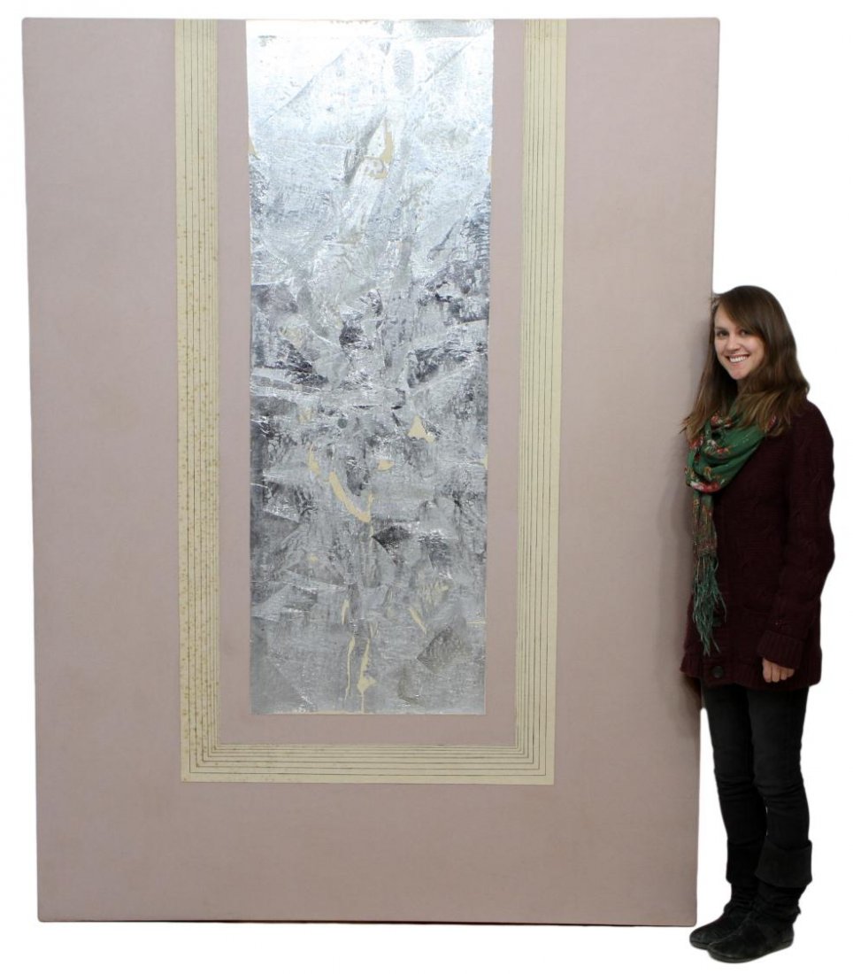LARGE MODERN PAINTING, PINK SHEEN, VERA SIMONS: Large unframed mixed media painting on canvas, "Pink Sheen", by Vera Simons (Vera Habrecht Simons, German/ American, 1920-2012), signed, titled and dated 1978 verso, overall some foxing, 89.25"h, 66.7