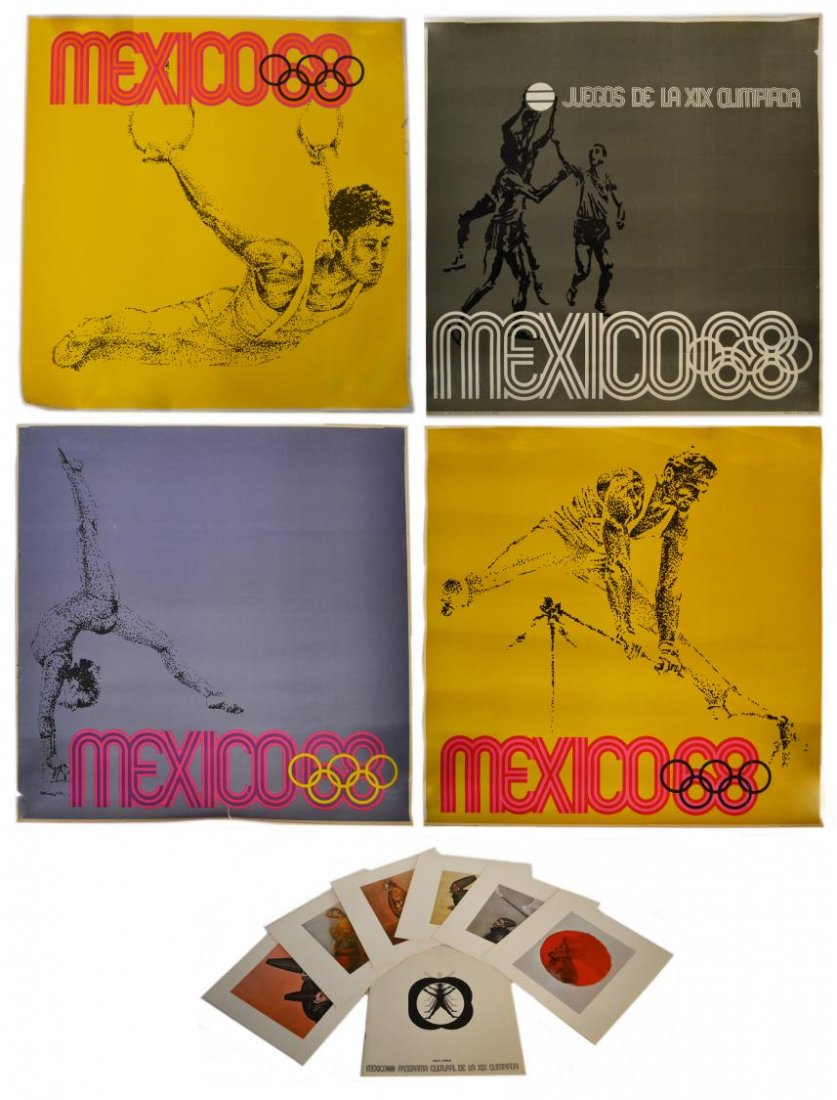 1968 MEXICO OLYMPIC GAMES POSTERS, RAFAEL CORONEL: (lot of 5) Vintage Olympic Games art posters, 1968, (4) showing varied sports, most with loss/tears to edges, approx 24"h, 24"w; together with (1) 'Mexcio 68 Programa Cultural De La XIX Olimpiada', Ra
