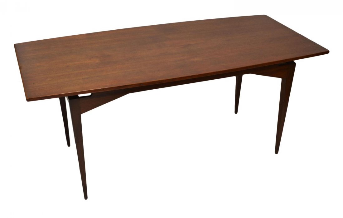 ITALIAN MID-CENTURY MODERN TABLE, FRANCO ALBINI: Italian mid-century modern table, attributed to Poggia Inc., Pavia, design by Franco Albini (Italy, 1905-1977), a teakwood "floating" top over the frame rising on tapered square legs, veneer loss at o