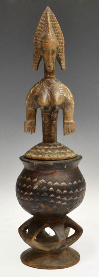 AFRICAN FIGURAL CARVED WOOD LIDDED JAR: African carved wood figural lidded jar, 18.5"h, 2.75lbs **Provenance: Estate of Vera Habrecht Simons (German/American,1920-2012) was an international artist with a varied background in other disciplin
