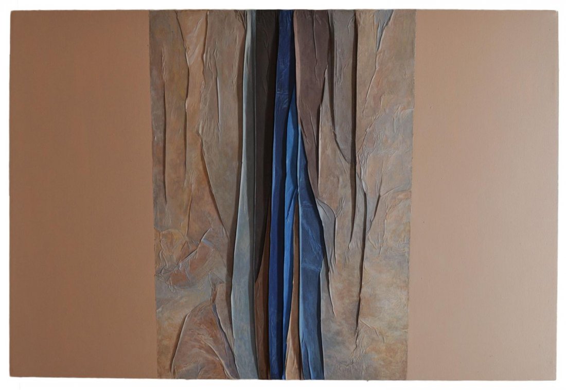 PAINTING ON CANVAS, TRAJECTORY SERIES, VERA SIMONS: Unframed mixed media painting on canvas, from the Trajectory Series portraying New Mexico rivers from above, by Vera Simons, (Vera Habrecht Simons, German/ American, 1920-2012), unsigned, 45"h, 66"w, 