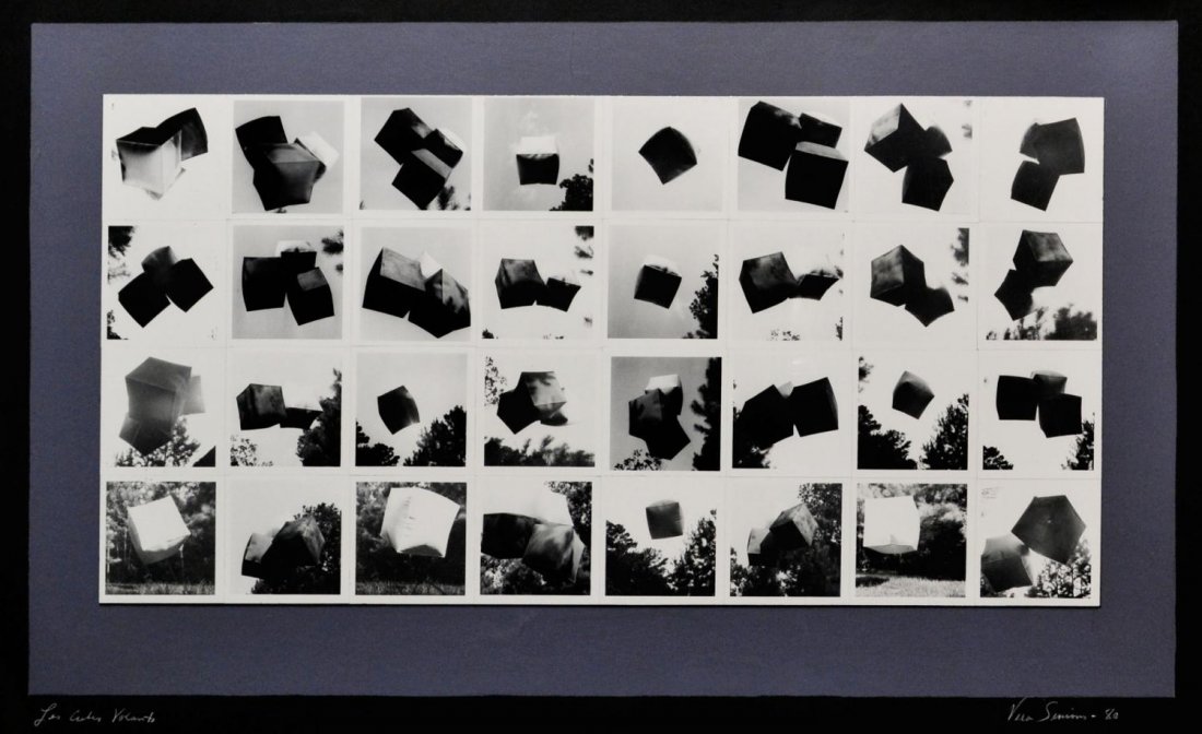 BLACK & WHITE PHOTO COLLAGE, CUBES, VERA SIMONS: Framed black and white photo collage, 'Les Cubes Volantes', by Vera Simons (Vera Habrecht Simons, German/ American, 1920-2012), signed and dated 1980 lower right, titled left, overall: 32.5"h, 40.25"w