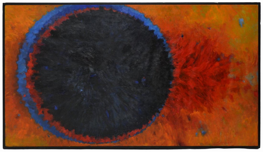 ABSTRACT EXPRESSIONISM PAINTING, TOTALITY, VERA SIMONS: Framed painting on canvas, "Totality", by Vera Simons (Vera Habrecht Simons, German/ American, 1920-2012), signed and titled verso, retaining University of Texas Art Museum exhibition gallery tag, som