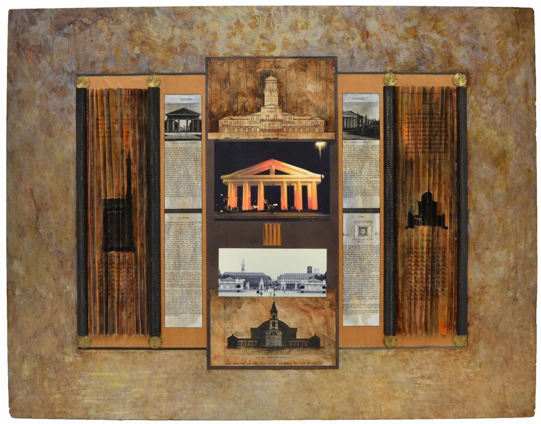 MIXED MEDIA COLLAGE, PANTHEON SERIES, VERA SIMONS: Unframed mixed media collage on artist board, "Homage to Weinbrenner and Ettinger Tor", pencil signed and titled Vera Habrecht Simons (German/ American, 1920-2012), dated 1990, 48"h, 60"w, 9.5lbs **Pr