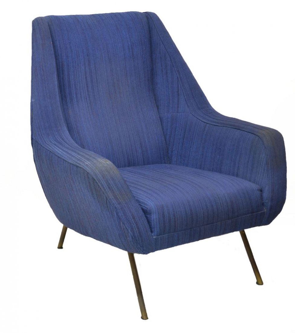ITALIAN MID-CENTURY MODERN UPHOLSTERED ARM CHAIR: Italian mid-century modern arm chair, attributed to Cassina, c. 1960, upholstered in blue on blue striped fabric, set on splayed metal legs, 35öh, 32.5öw, 26öd Start Price: $200.00