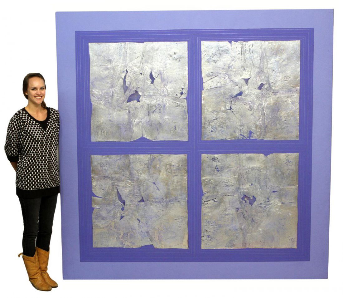 LARGE PAINTING, PERIWINKLE & SILVER, VERA SIMONS: Large unframed modern painting on canvas, a periwinkle ground with silver square overlay, by Vera Simons (Vera Habrecht Simons, German/ American, 1920-2012), unsigned, 83"h, 83"w, 17.5lbs **Provenance