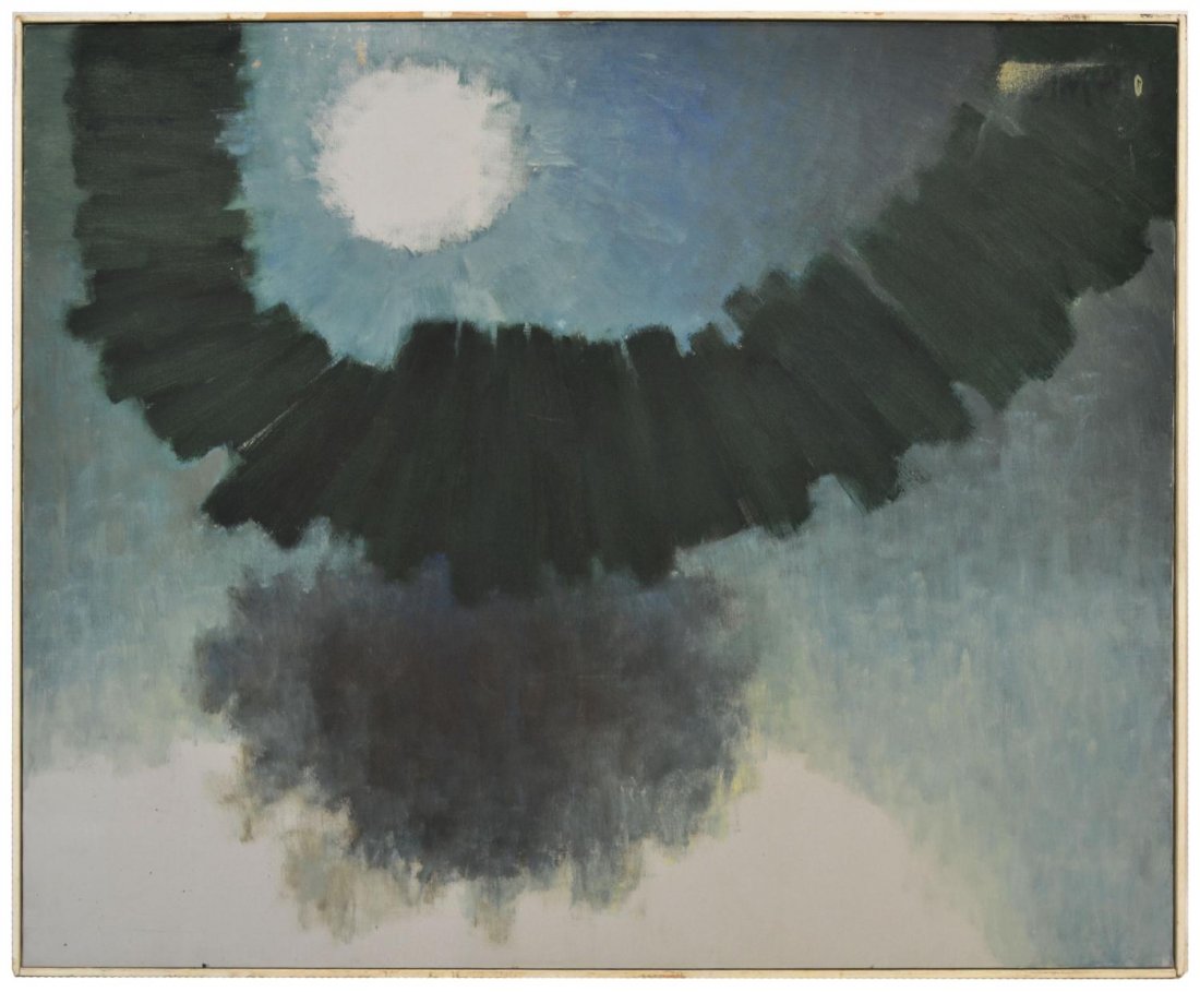 ABSTRACT EXPRESSIONISM PAINTING, WHITE SUN, VERA SIMONS: Framed painting on canvas, "White Sun", by Vera Simons (Vera Habrecht Simons, German/ American, 1920-2012), signed, titled and dated 61 verso, some paint loss, sight: 36"h, 44"w, overall: 36.75"h, 44.