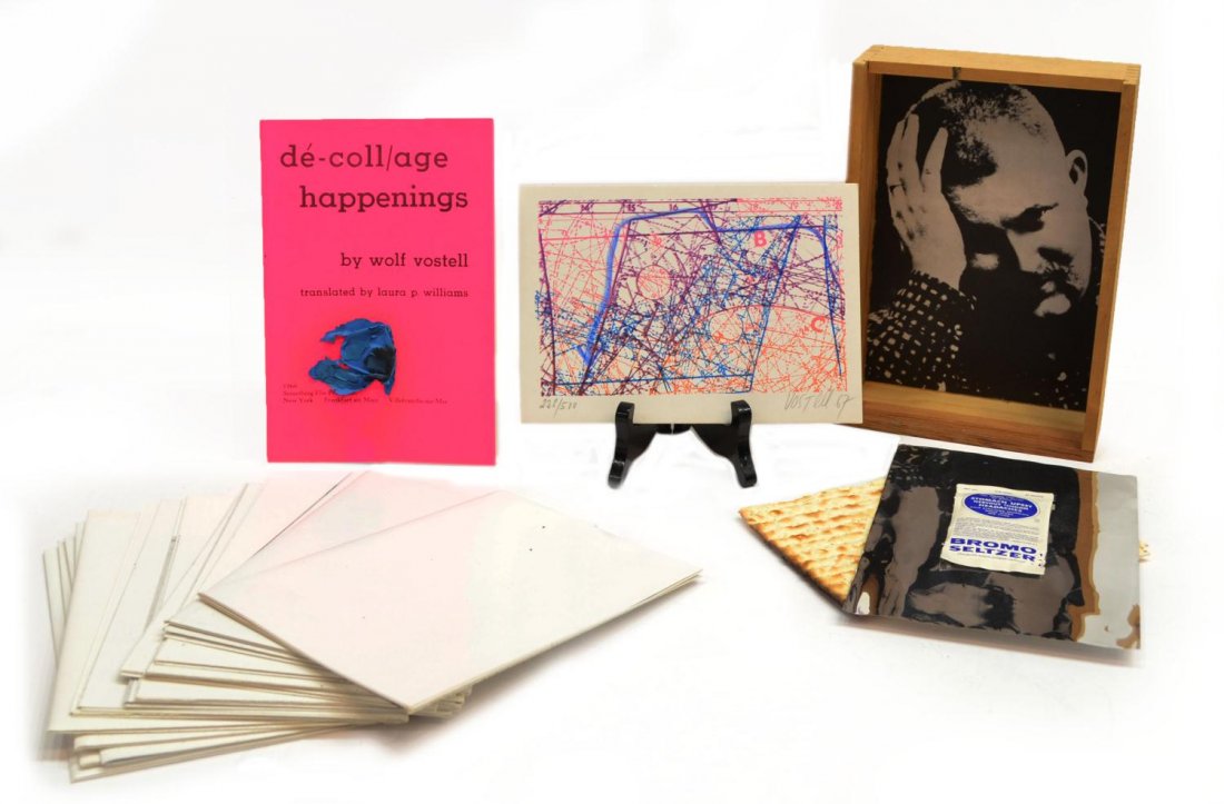 DE-COLL/AGE HAPPENINGS, BOOK SET, VOSTELL, 1966: "D?-coll/age Happenings", book set, by Wolf Vostell, wood box having a removable plexiglass cover, containing: (1) "D?-coll/age Happenings" book, by Wolf Vostell, translated by Laura P. Williams, Some