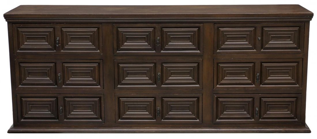 VINTAGE MEXICO PINE SIDEBOARD CREDENZA: Vintage pine sideboard, credenza, Mexico, 1970's, rectangular with nine drawers faced with decorative geometric panels, 34"h, 84"l, 20"d **Provenance: Estate of Vera Habrecht Simons (German/American,1
