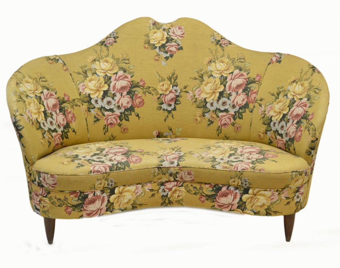 ITALIAN MID-CENTURY UPHOLSTERED SOFA / SETTEE: Italian sofa, 1950's, curved high back with floral upholstery, turned tapered legs, small tear to upholstery upper back as pictured, 38"h, 60"w, 34"d Start Price: $150.00