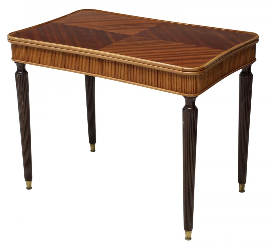 ITALIAN MID-CENTURY SOFA TABLE: Italian sofa table, c. 1955, the shaped rectangular top with glass, set on tapered ribbed legs with metal caps, 27"h, 34"w, 21.75"d Start Price: $150.00