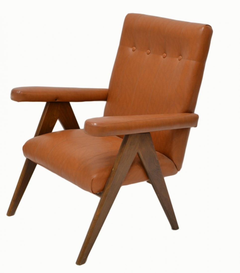 ITALIAN MID-CENTURY MODERN RECLINING ARM CHAIR: Italian mid-century modern reclining arm chair, c.1955, brown vinyl upholstery on open angular frame, 36"h, 24"w, 24"d Start Price: $100.00
