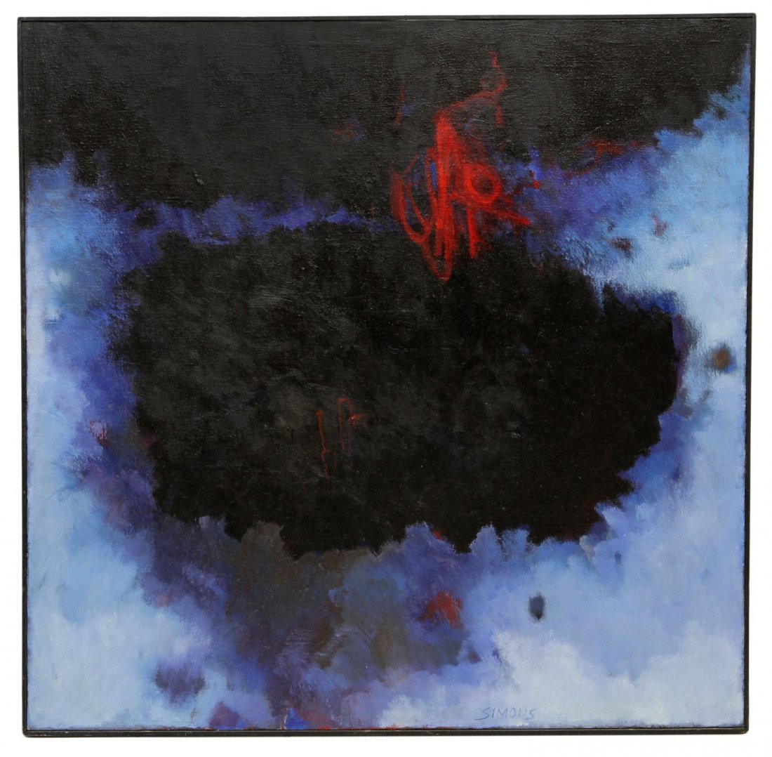 ABSTRACT PAINTING, THUNDER FLASH, VERA SIMONS: Framed painting on canvas, "Thunder Flash", signed lower right Simons (Vera Habrecht Simons, German/ American, 1920-2012), signed and titled verso, sight: 48"h, 48"w overall: 48.75"h, 48.75"w, 8.25lbs