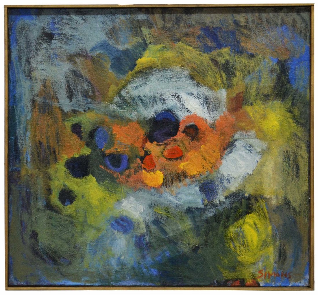 MODERN PAINTING, ABSTRACT DESIGN, VERA SIMONS: Framed painting on canvas, Abstract Design, signed lower Simons (Vera Habrecht Simons, German/ American, 1920-2012), signed verso, sight: 26"h, 28"w, overall: 26.75"h, 28.75"w, 4lbs **Provenance: Esta