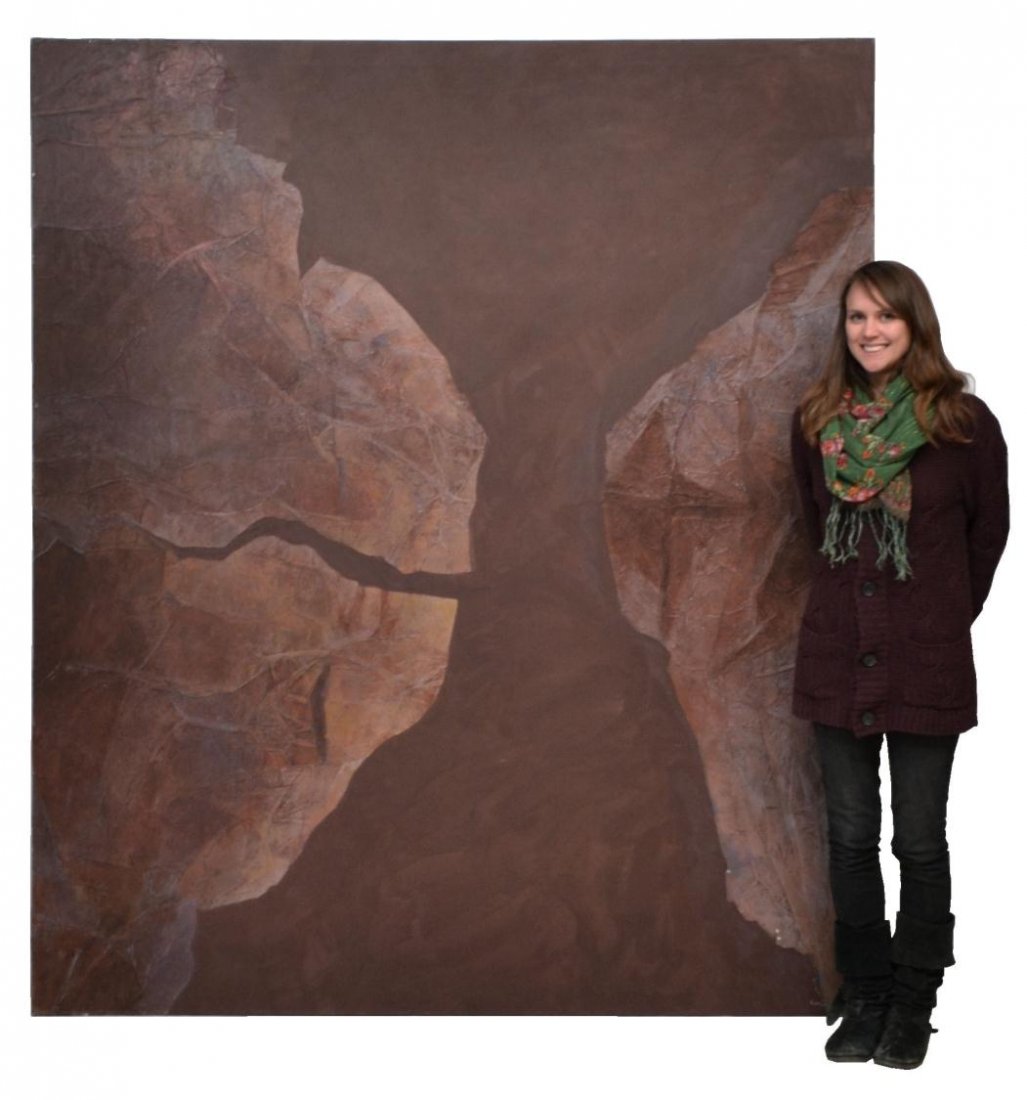 MODERN PAINTING, ABSTRACT FROM ABOVE, VERA SIMONS: Unframed mixed media painting on canvas, modern mauve abstract from above, by Vera Simons (Vera Habrecht Simons, German/ American, 1920-2012), unsigned, 83.75"h, 72"w, 18.75lbs **Provenance: Estate of
