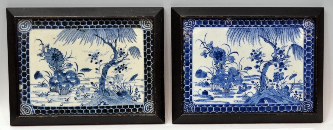(2) CHINESE QING BLUE & WHITE PORCELAIN PLAQUES: (lot of 2) Framed Chinese porcelain blue and white plaques, Qing Dynasty, 19th c., honeycomb border enclosing a landscape of flowering lotus and willow trees, some spotting and light scratches, chippi