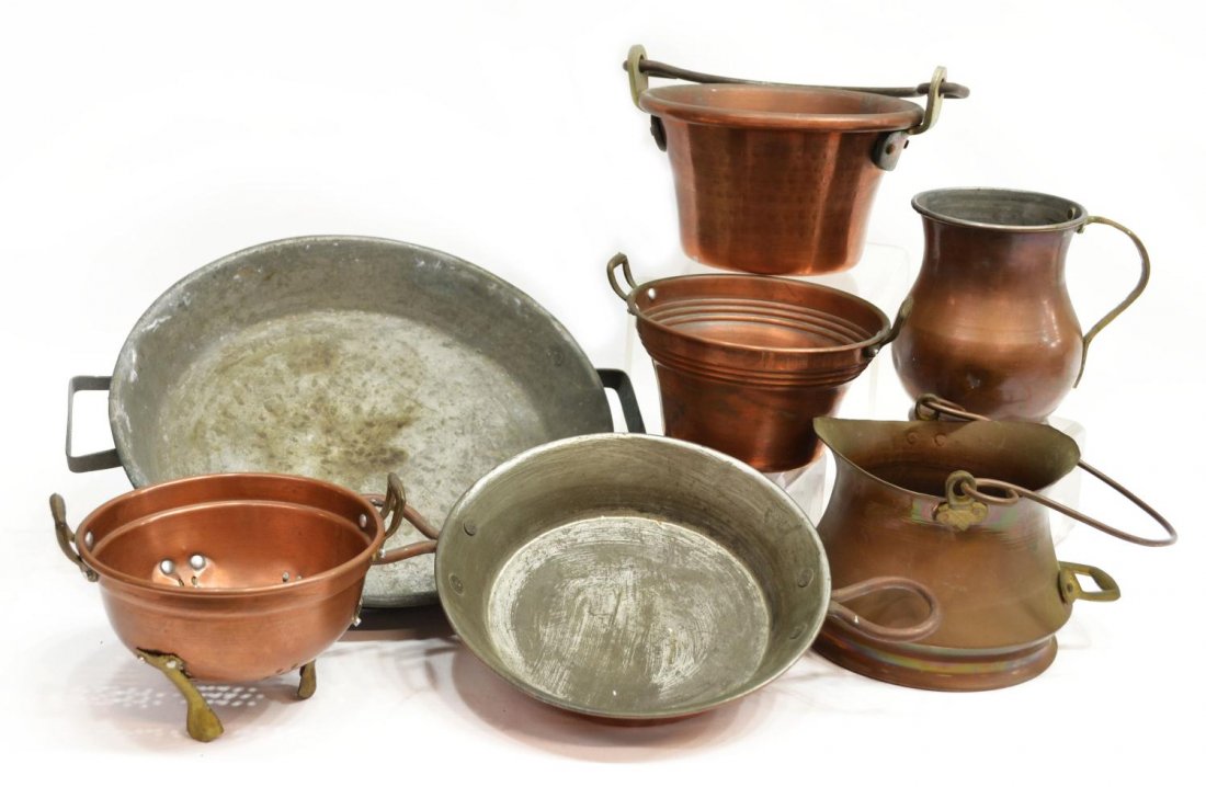 (7) COLLECTION ANTIQUE/VINTAGE HANDLED COPPERWARE: (lot of 7) Collection of antique handled copper pots, including: pitchers, strainer, shallow pots, bucket, etc. largest: 2"h, 12"diam, 8.25lbs total Start Price: $50.00