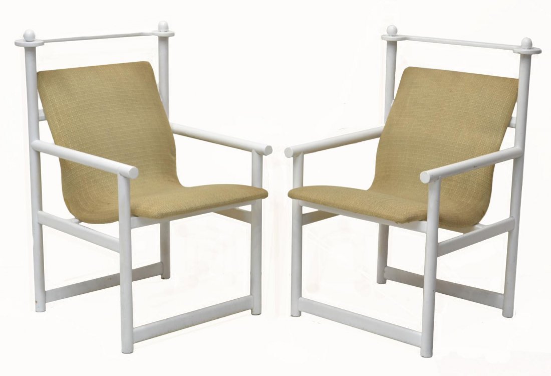 (PAIR) ITALIAN MID-CENTURY MODERN ARM CHAIRS: (pair) Italian mid-century modern arm chairs, 1960, shaped contiguous upholstered back and seat on the white painted turned frame, 33.5öh, 21.75öw, 23öd Start Price: $100.00