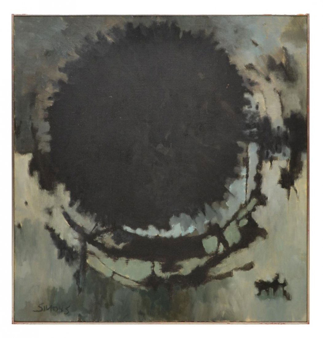 ABSTRACT PAINTING, MANDALA, VERA SIMONS C. 1962: Framed painting on canvas, "Mandala", signed lower left Simons (Vera Habrecht Simons, German/ American, 1920-2012), signed, titled and dated 62 verso, remnants of a gallery tag, sight: 48"h, 48"w, ove