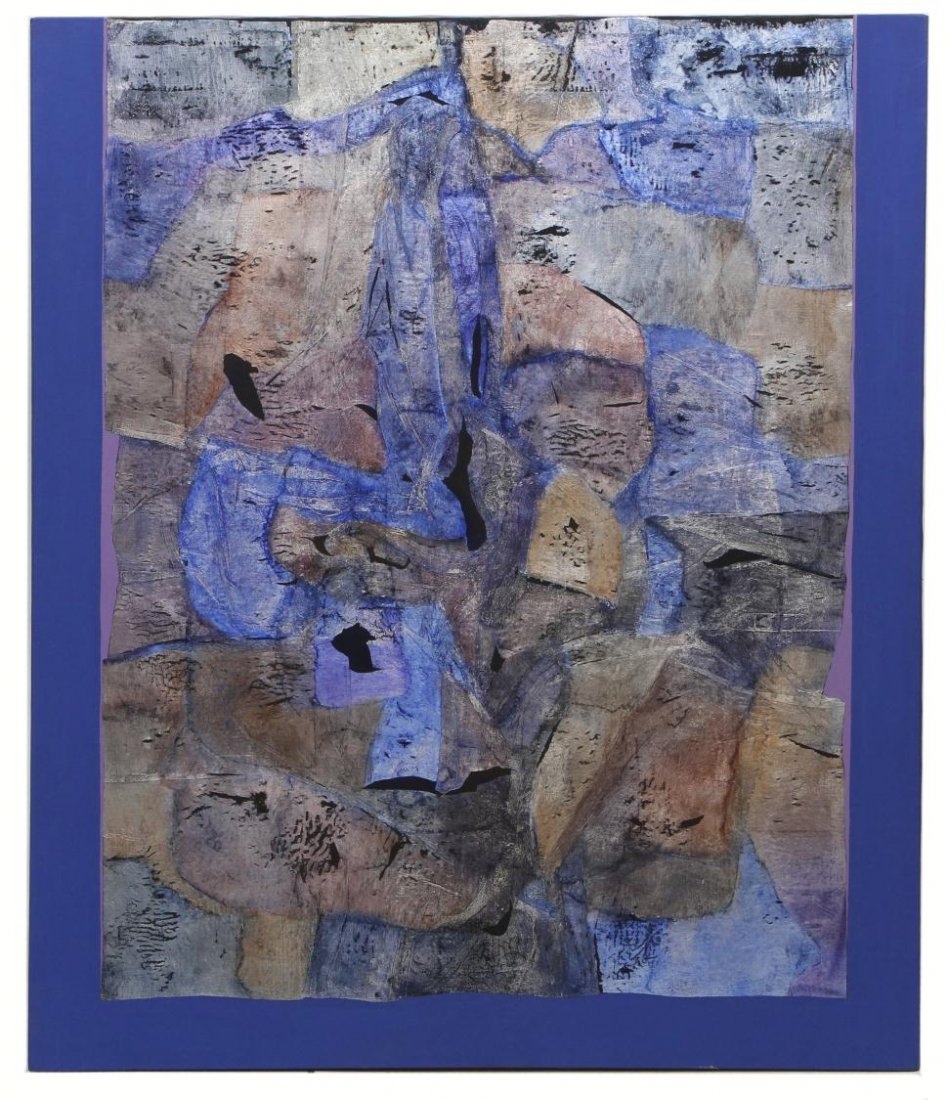 CONTEMPORARY PAINTING, BLUE ABSTRACT, VERA SIMONS: Large unframed mixed media painting on canvas, Blue Abstract, by Vera Simons (Vera Habrecht Simons, German/ American, 1920-2012), unsigned, 60"h, 50"w, 8.5lbs **Provenance: Estate of Vera Habrecht Sim