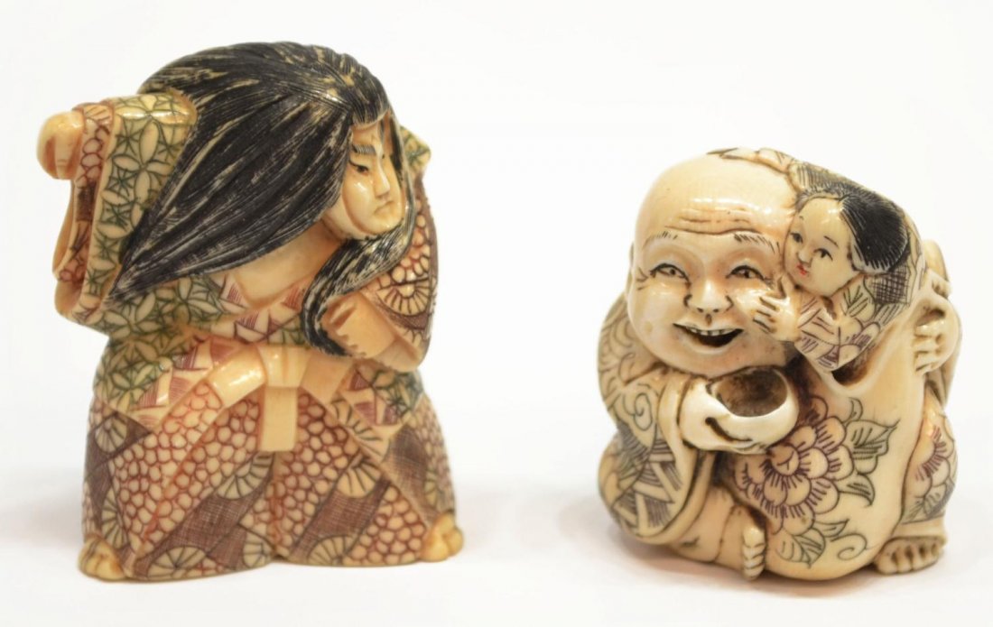 (2) ASIAN CARVED & STAINED IVORY FIGURES, SIGNED: **This lot will not be shipped Internationally**(lot of 2) Asian carved ivory figural netsuke, comprising: (1) Noh drama actor in brocade robe, signed Rogyoku, approx. 2"h, 1.75"w; (1) figural group o