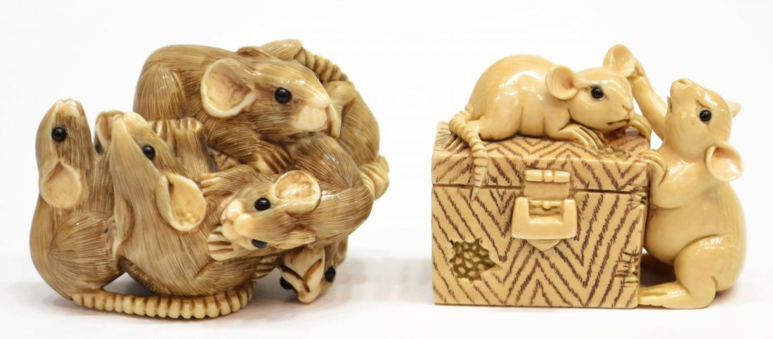 (2) ASIAN CARVED IVORY PROFUSSION OF MICE & BOX: **This lot will not be shipped Internationally**(lot of 2) Asian carved ivory mouse groups, comprising: (1) group of mice, with inlaid eyes, signed Masanao, approx. 1.25"h, 2"w; (1) netsuke, mice on a