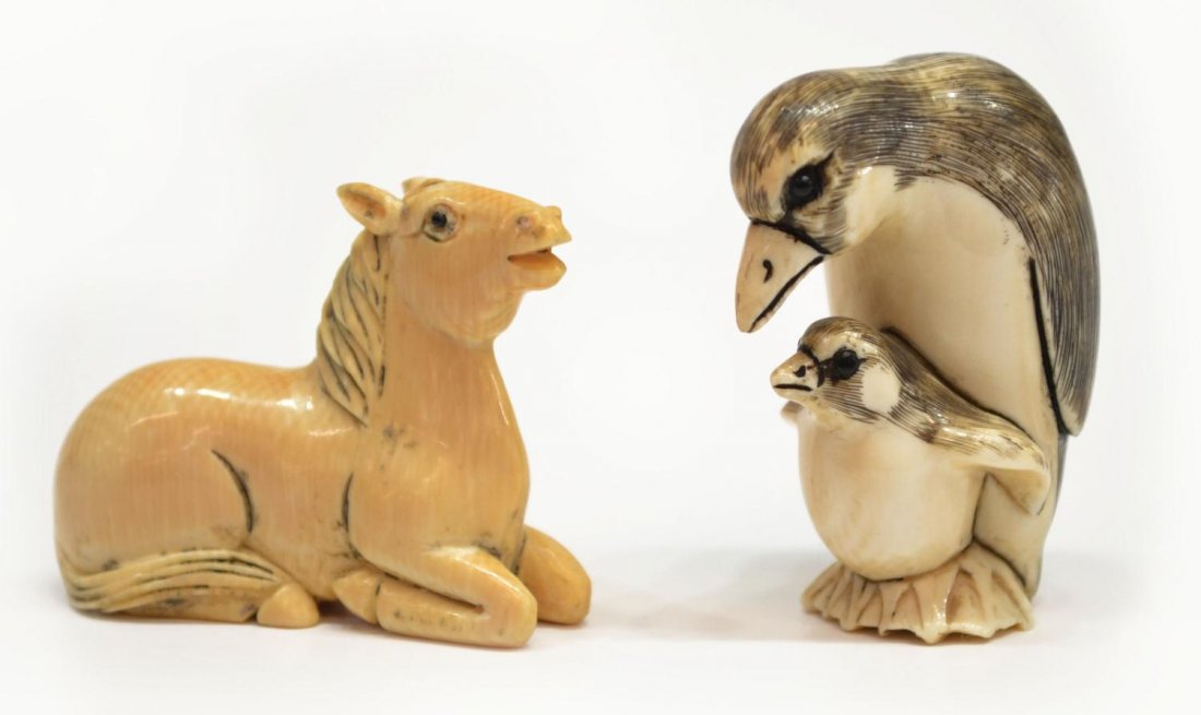 (2) ASIAN CARVED IVORY NETSUKE, HORSE & PENGUINS: **This lot will not be shipped Internationally**(lot of 2) Carved Asian ivory netsuke, comprising: (1) penguin group, signed [Sho]zan, approx. 1.75"h, 1.25"w; (1) recumbent figure of a horse, approx. 