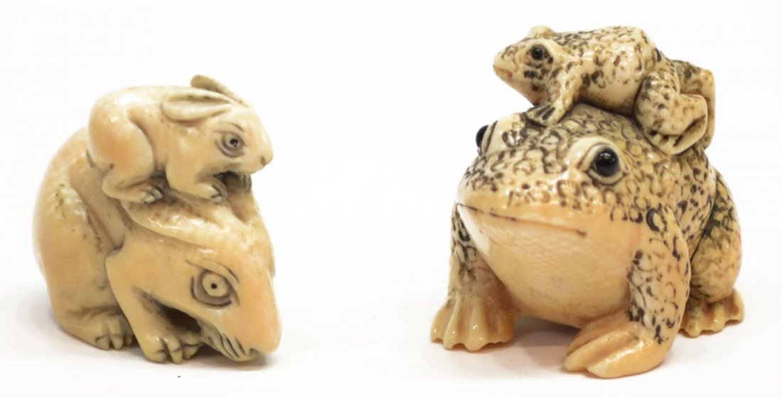 (2) ASIAN CARVED IVORY RABBITS & TOADS, SIGNED: **This lot will not be shipped Internationally**(lot of 2) Carved ivory netsuke figural groups, comprising: (1) two rabbits, signed Shosai, approx. 1.25"h. 1.5"w; (1) two toads, inlaid eyes, signed [K