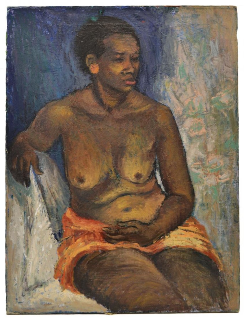 PAINTING ON CANVAS, FEMALE NUDE, VERA SIMONS: Unframed painting on canvas, Female Nude, by Vera Simons (Vera Habrecht Simons, German/ American, 1920-2012), signed with notation 'Life Class Corcoran School of Art' verso, 25"h, 19"w, 1.75lbs **Prov