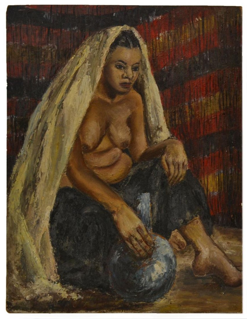 FIGURAL PAINTING, SEMI-NUDE FIGURE, VERA SIMONS: Unframed painting on art board, seated semi-nude with head drape, by Vera Simons (Vera Habrecht Simons, German/ American, 1920-2012), unsigned, abstract paint verso, some wear at edges, 32"h, 24.25"w,