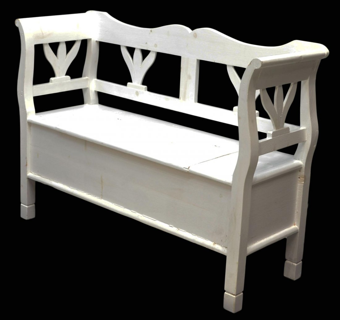 DANISH PAINTED WHITE PINE BENCH: Danish pine bench in white paint, 20th c., shaped and open back rail with curved side rails, the seat with a hinged door opening to storage, block legs and feet, some spots, 35.5öh, 60öw, 16.5öd St