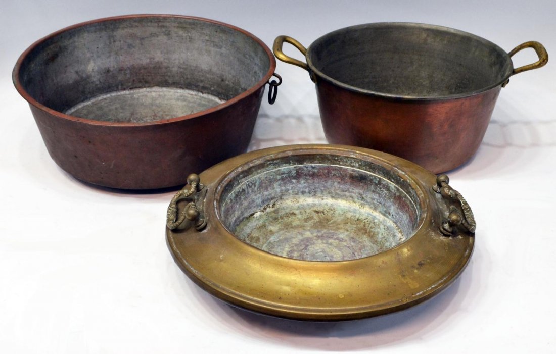 (3) LARGE ANTIQUE / VINTAGE COPPER PANS & POTS: (lot of 3) Antique copper pots, comprising: (1) flower pot, having a single small ring handle, 6.25"h, 16.5"diam; (1) large handled pot, marked "C A" at handles, 7.25"h, 12.5"diam; (1) hand hammered b