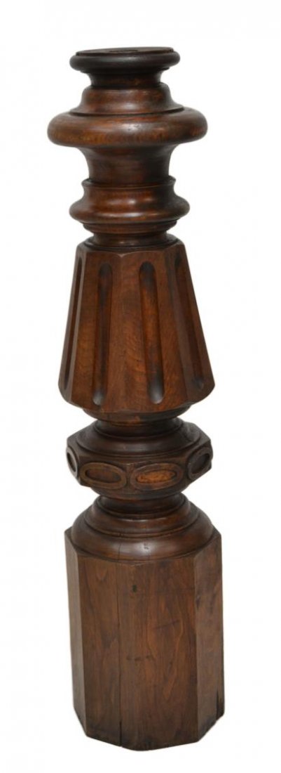 ANTIQUE TURNED & CARVED PINE NEWEL POST: Antique turned and carved pine newel post, 44"h **Provenance: Estate of Vera Habrecht Simons (German/American,1920-2012) was an international artist with a varied background in other disciplines which