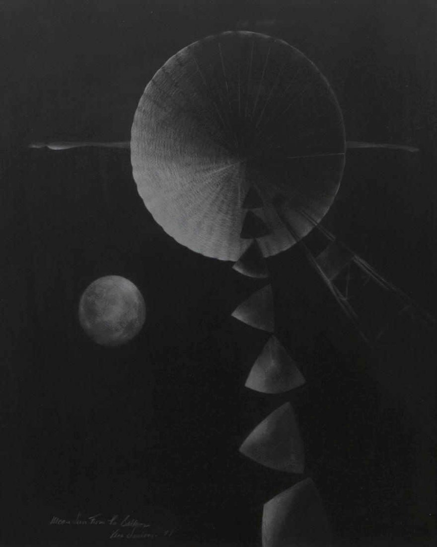 DRAWING, MOON SEEN FROM THE BALLOON, VERA SIMONS: Framed silver pencil drawing on black paper, "Moon Seen From the Balloon", signed and dated lower left Vera Simons 78, (Vera Habrecht Simons, German/ American, 1920-2012), titled lower left, retaining