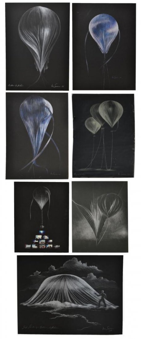 UNFRAMED DRAWINGS, AIR BALLOONS, VERA SIMONS: (lot of 7) Collection of unframed balloon drawings and mixed media art on board, by Vera Simons (Vera Habrecht Simons, German/ American, 1920-2012), c. 1980's, including: (1) unsigned, 20"h, 15"w; (1)
