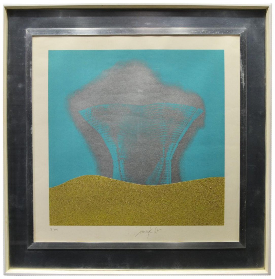 LIMITED PRINT, ABSTRACT SCENE, SIGNED, 1961: Framed modern print on paper, Abstract, illegibly signed and dated bottom center Mink? 61, numbered 58/100, sight: 19.5"h, 19.5"w, overall: 30.5"h, 30.5"w, 11.5lbs **Provenance: Estate of Vera Habrech
