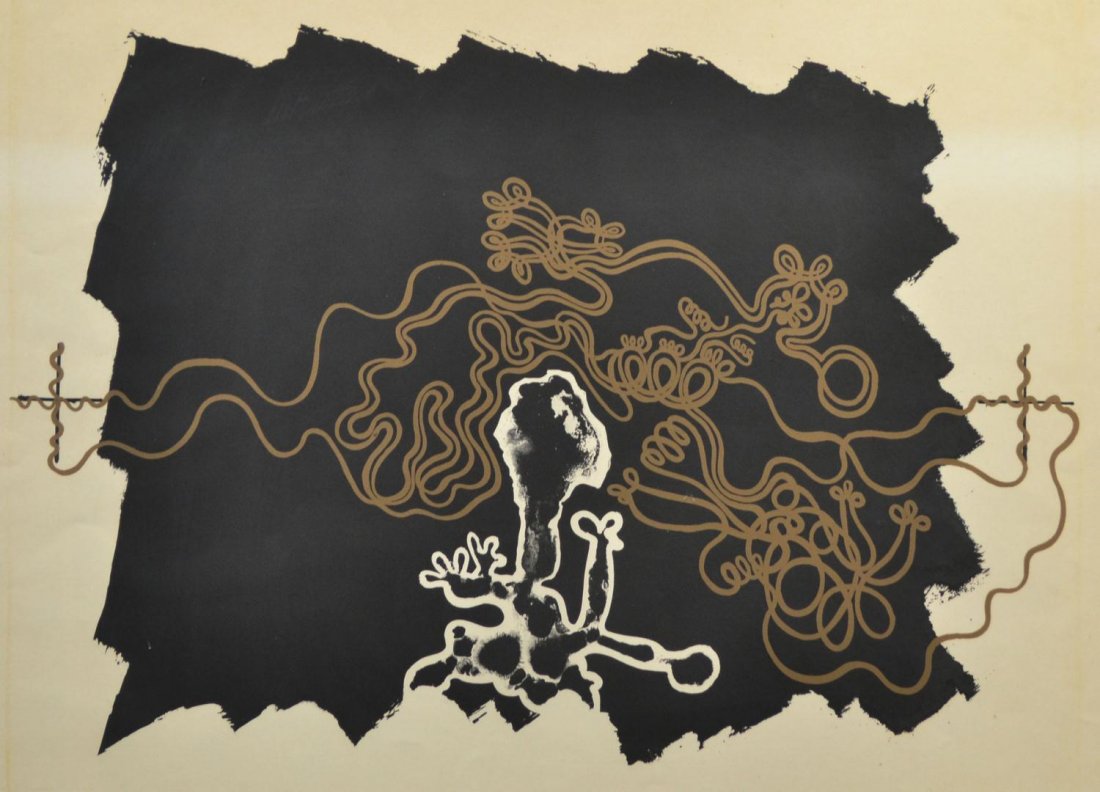 FRAMED MODERN PRINT, FIGURAL ABSTRACT, SIGNED: Framed limited print on paper, Figural Abstract, signed Bernard Cohen (Bernard Cohen, British, b. 1933), dated lower right 1965, numbered 47/75 IV, retaining old gallery tag verso, some foxing, sight: