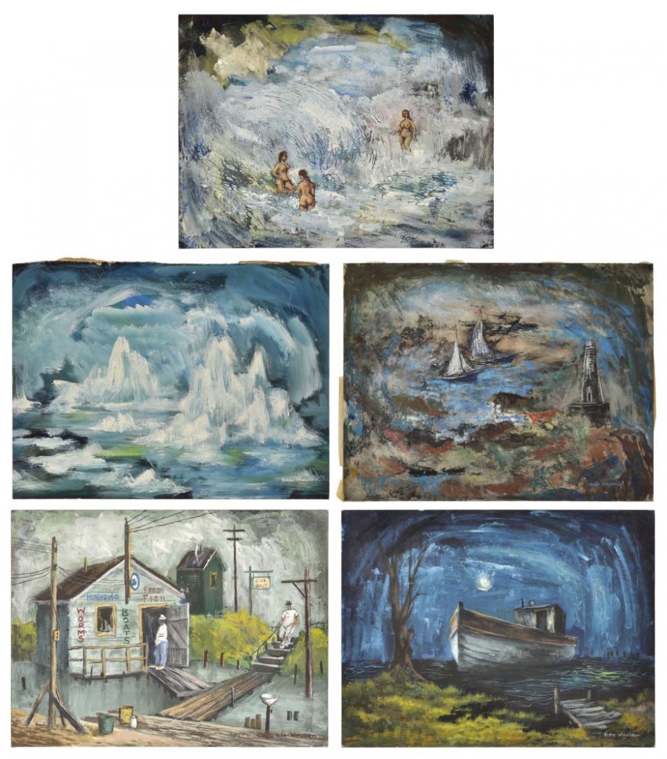 1950'S PAINTINGS, NUDES, VERA HABRECHT SIMONS: (lot of 5) Collection of unframed paintings on art board, varied subject matters including nudes among waves, night boat scene and seascapes, etc., c. 1950's, by Vera Habrecht Simons (German/ American