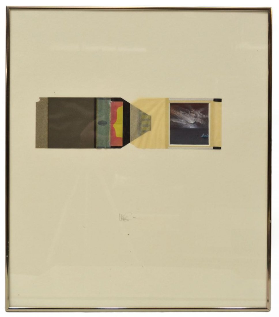 MIXED MEDIA COLLAGE, POLAROID, ANDREAS NOTTEBOHM: Framed mixed media collage on paper, Polaroid, dated 1982, pencil signed Nottebohm ( Andreas Nottebohm, active California, b. 1944) and dated 1982, , sight: 3.25"h, 12.25"w, overall: 20.25"h, 17.5"w,