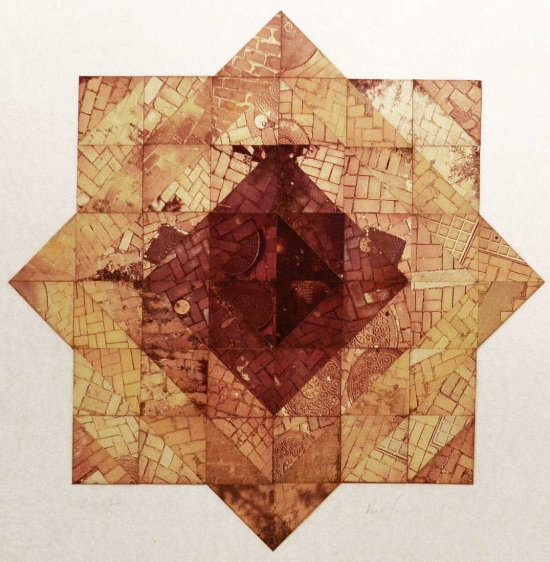 FRAMED PHOTO COLLAGE, BRICK STAR, VERA SIMONS,1981: Framed photo collage, "Brick Star", pencil signed Vera Simons Vera Habrecht Simons, German/ American, 1920-2012), dated1981, sight: 22.5"h, 22.5"h, overall: 23.25"h, 23.25"w, 5lbs **Provenance: Estate