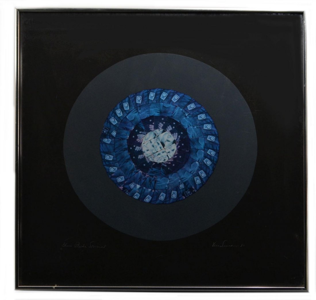 PHOTO COLLAGE, BLUE PLATE SPECIAL,VERA SIMONS,1980: Framed photo collage, "Blue Plate Special", by Vera Simons (Vera Habrecht Simons, German/ American, 1920-2012) signed and dated 1980 lower right, stamp verso for Robinson Galleries, Houston, Texas, si