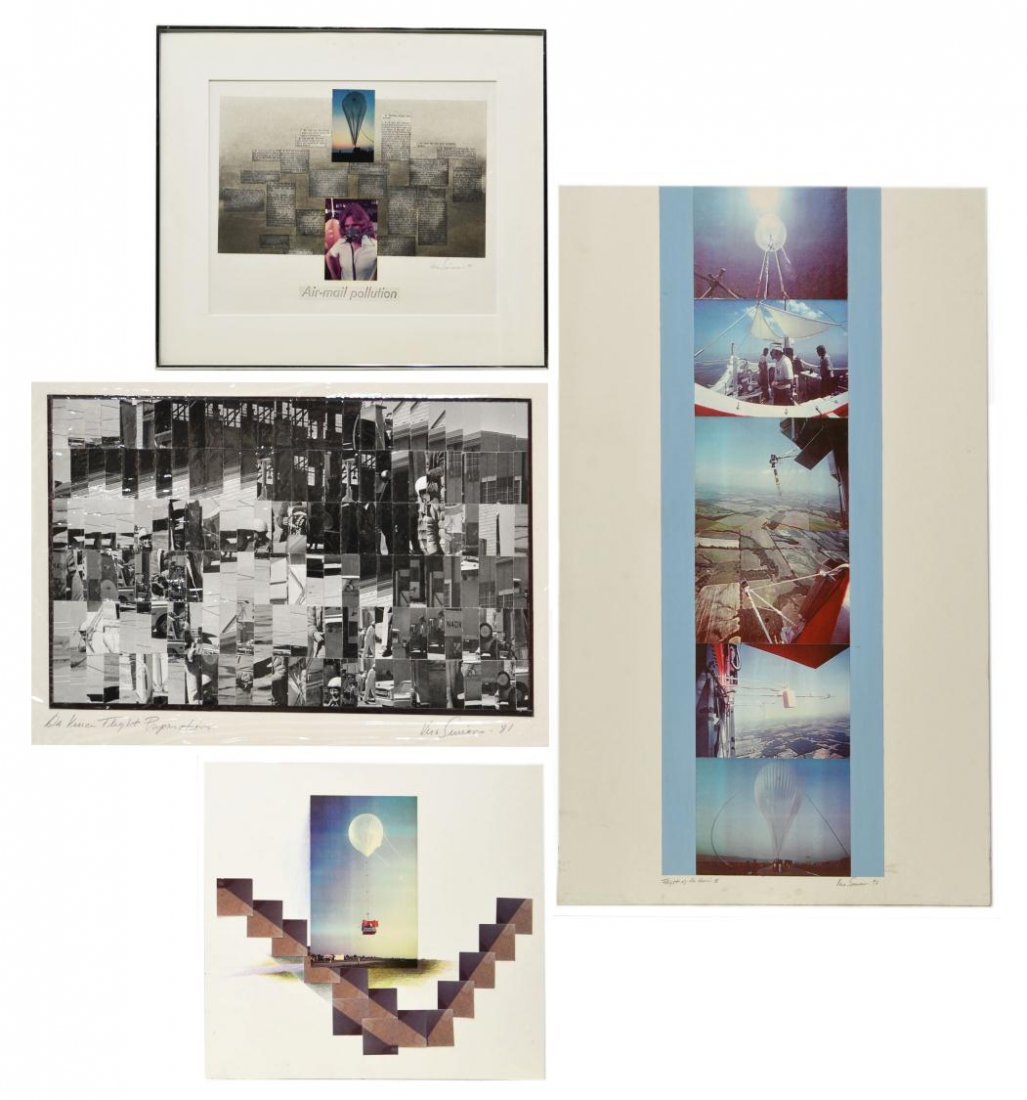 (4) MIXED MEDIA ART, BALLOONS, VERA SIMONS: (lot of 4) Group of framed and unframed mixed media and photo collages, by Vera Simons (Vera Habrecht Simons, German/ American, 1920-2012), including: (1) framed collage, "Air-mail Pollution", pencil 