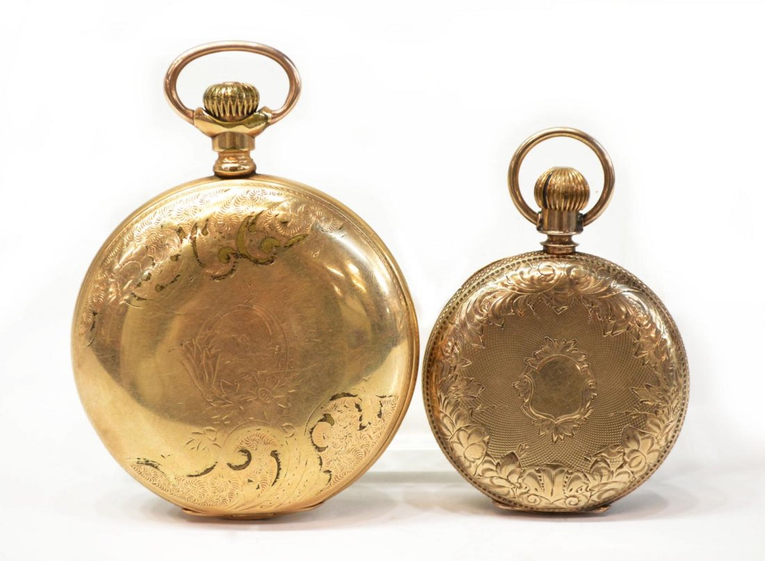 (2) ELGIN HUNTER CASE POCKET WATCHES: (2) Pocket watches: (1) Elgin hunter case pocket watch, lacking hour hand and crystal, case marked 18, with BWC Co 275205 at three places, back exterior not connected, lacking hour hand and crystal, l